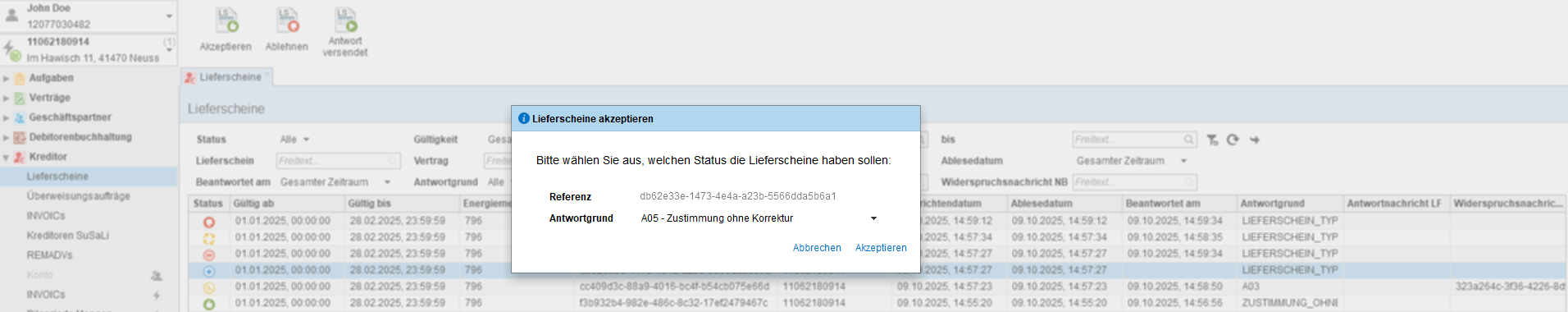 Antwortgrund wählen für Lieferscheine
